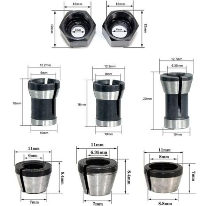 Milling Chuck - Set of 6, Countersunk Collet (6 mm, 6.35 mm, 8 mm),