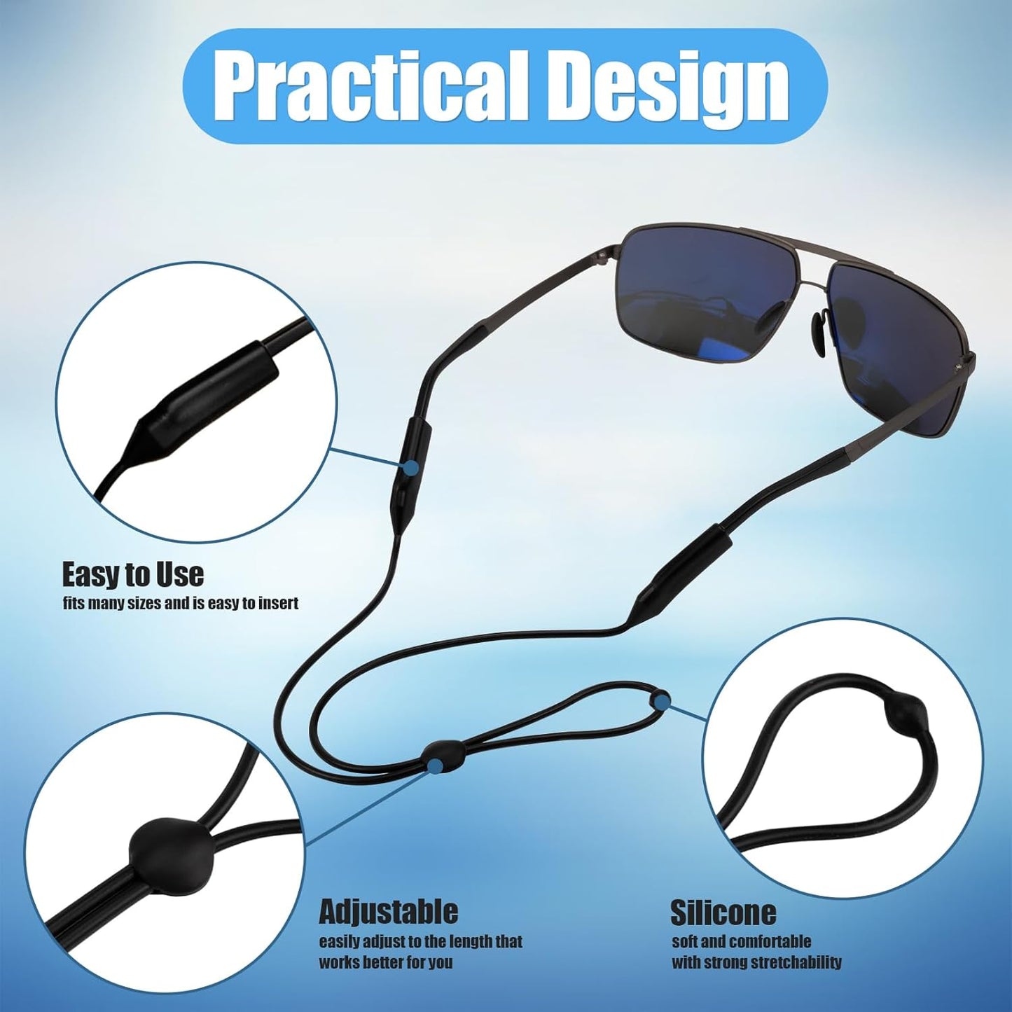 6Pcs Adjustable Glasses Straps Silicone Sport Sunglasses Holder Retainer Cord Around Neck Eyewear Accessories for Men, Women, Black