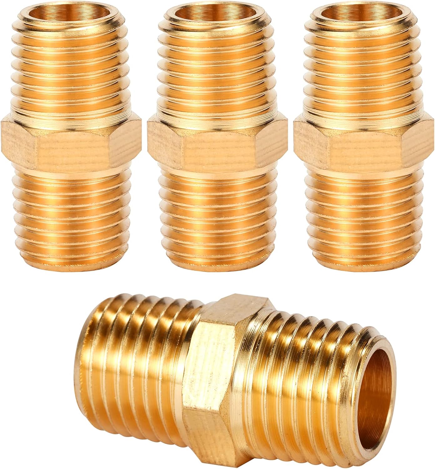 Solid Brass Pipe Fitting, Hex Nipple, 1/4" x 1/4" NPT Male Pipe Adapter