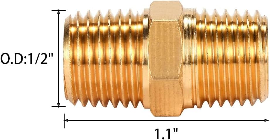Solid Brass Pipe Fitting, Hex Nipple, 1/4" x 1/4" NPT Male Pipe Adapter