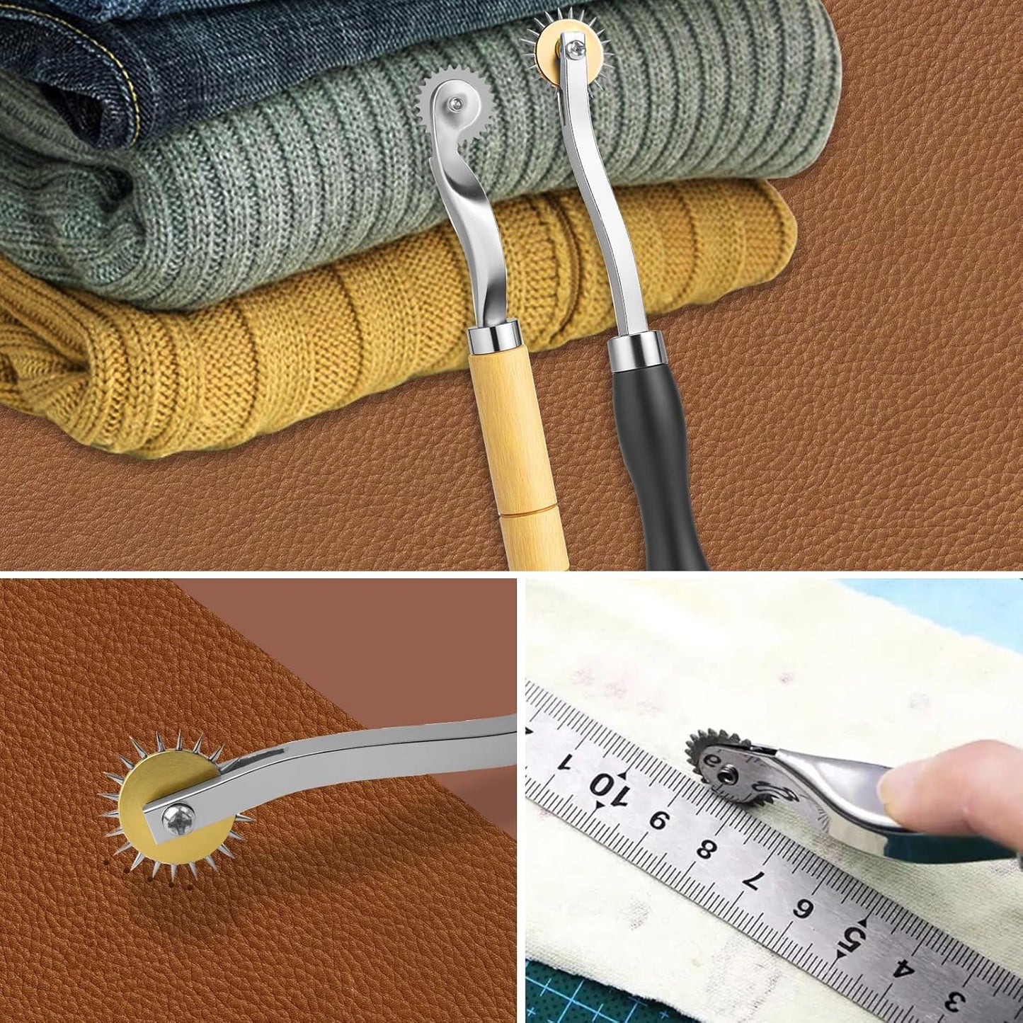 Tracing Wheel 2PCS Professional Stitch Marking Spacer 4mm and 2mm Leather Needle Point Tracing Wheels with Wooden Handle for Arts and Leather Crafts