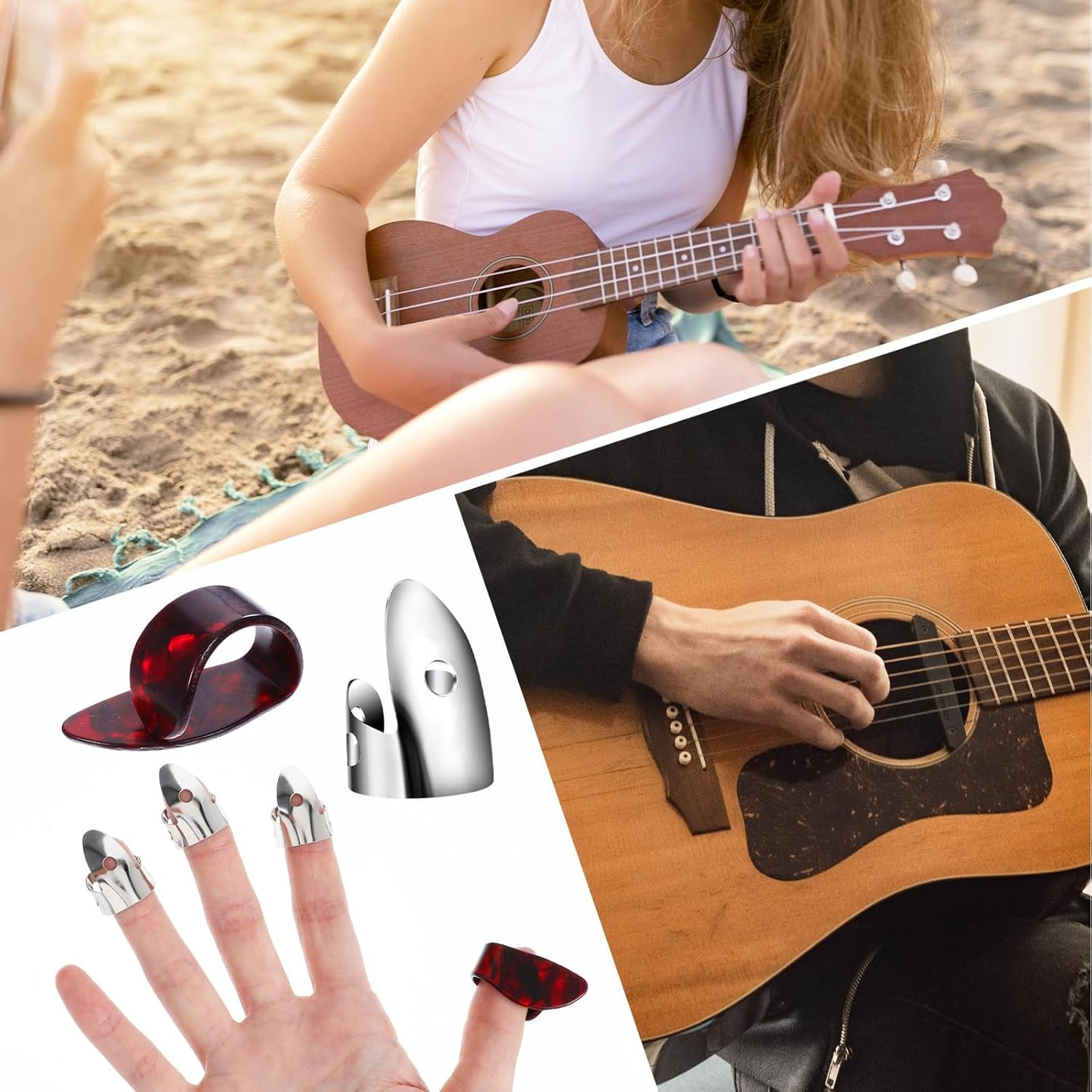 6Pcs Banjo Picks Set - Metal Finger Picks and Plastic Thumb Pick for Guitar, Bass, and Other Instruments - Stainless Steel