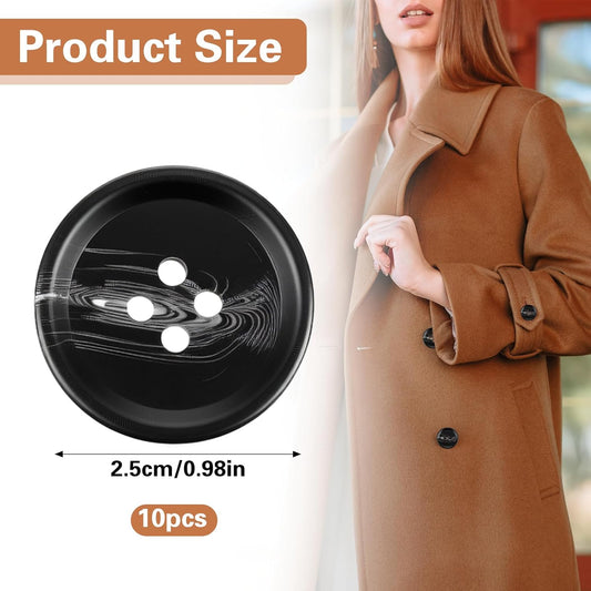 10 Pcs Large Black Buttons 1 Inch Black Buttons for Sewing 4 Hole Flatback 25mm Big Round Resin Coat Button for Crafts, Clothing, Suits, Overcoats, Winter Coats, Jacket, Sewing DIY Art Craft Projects