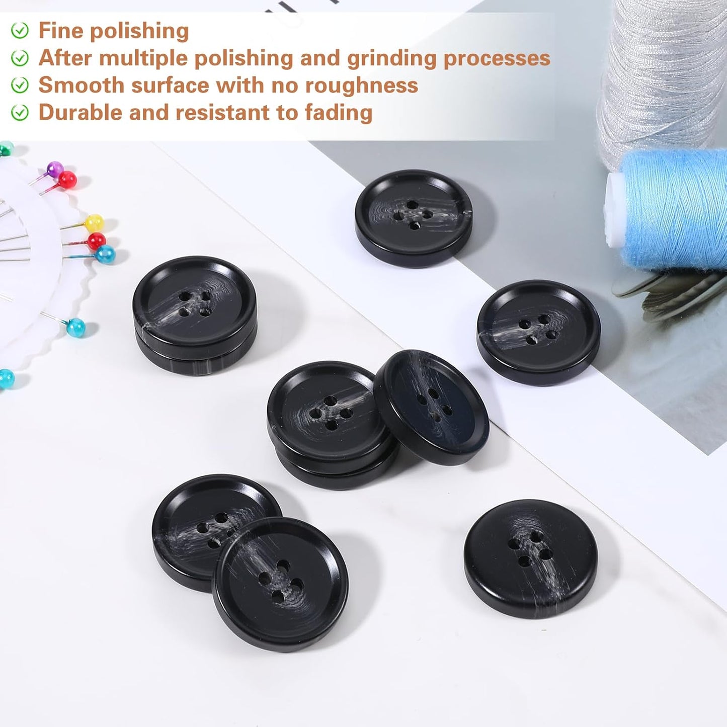10 Pcs Large Black Buttons 1 Inch Black Buttons for Sewing 4 Hole Flatback 25mm Big Round Resin Coat Button for Crafts, Clothing, Suits, Overcoats, Winter Coats, Jacket, Sewing DIY Art Craft Projects