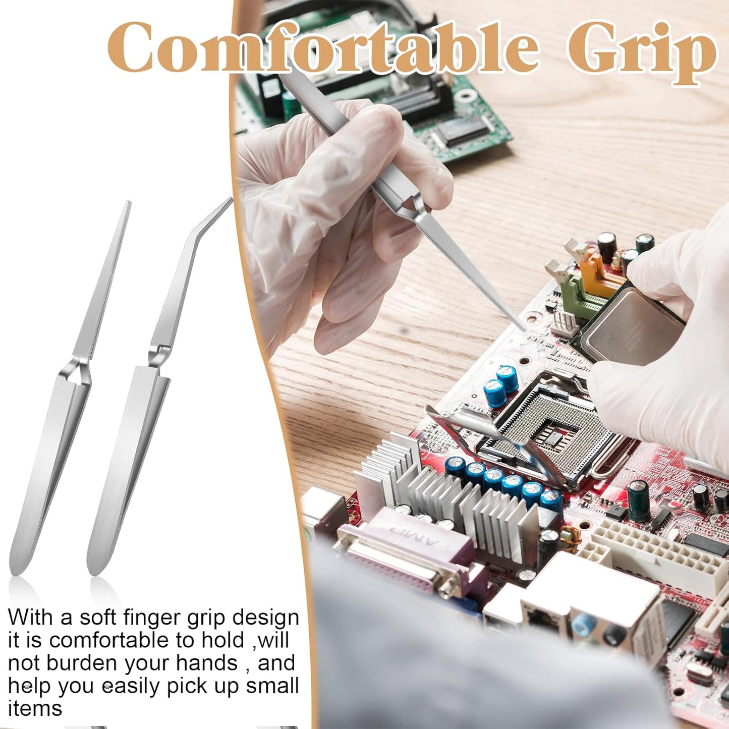 Reverse Tweezers for Crafting, 2 Pcs Rubber Tipped Tweezers Electronics Tweezer Stainless Steel Bent and Straight Flat Tip Cross Locking Precision Tweezer Set for Crafts Jewelry Beads Coins Electronic