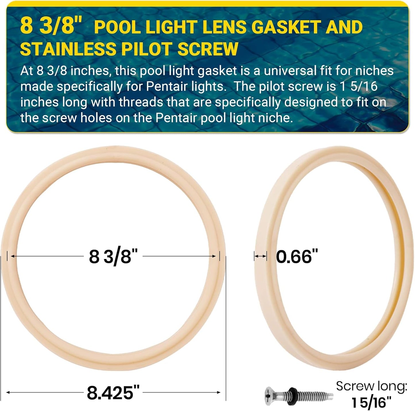 (1 Set) 8 3/8" Pool Light Lens Gasket and Stainless Pilot Screw - Exact Replacements for Pentair 79101600Z and 79104800 - Compatible with Pentair IntelliBrite, AmerLite, and SAM Amerlite Lights
