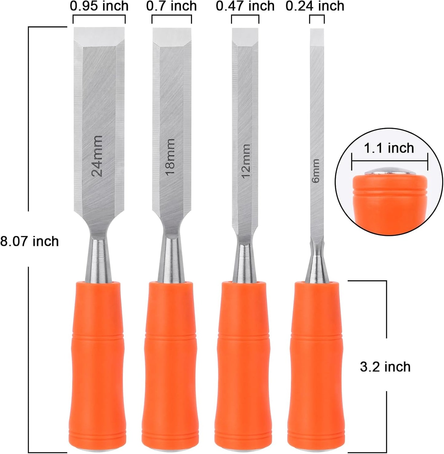 4 Piece Wood Chisel Sets Woodworking Tools Set, Wood Chisels for Woodworking with Steel Hammer End, Wood Tools Chisel Set Woodworking with Ergonomic Plastic Handle, 6mm, 12mm, 18mm, 24mm