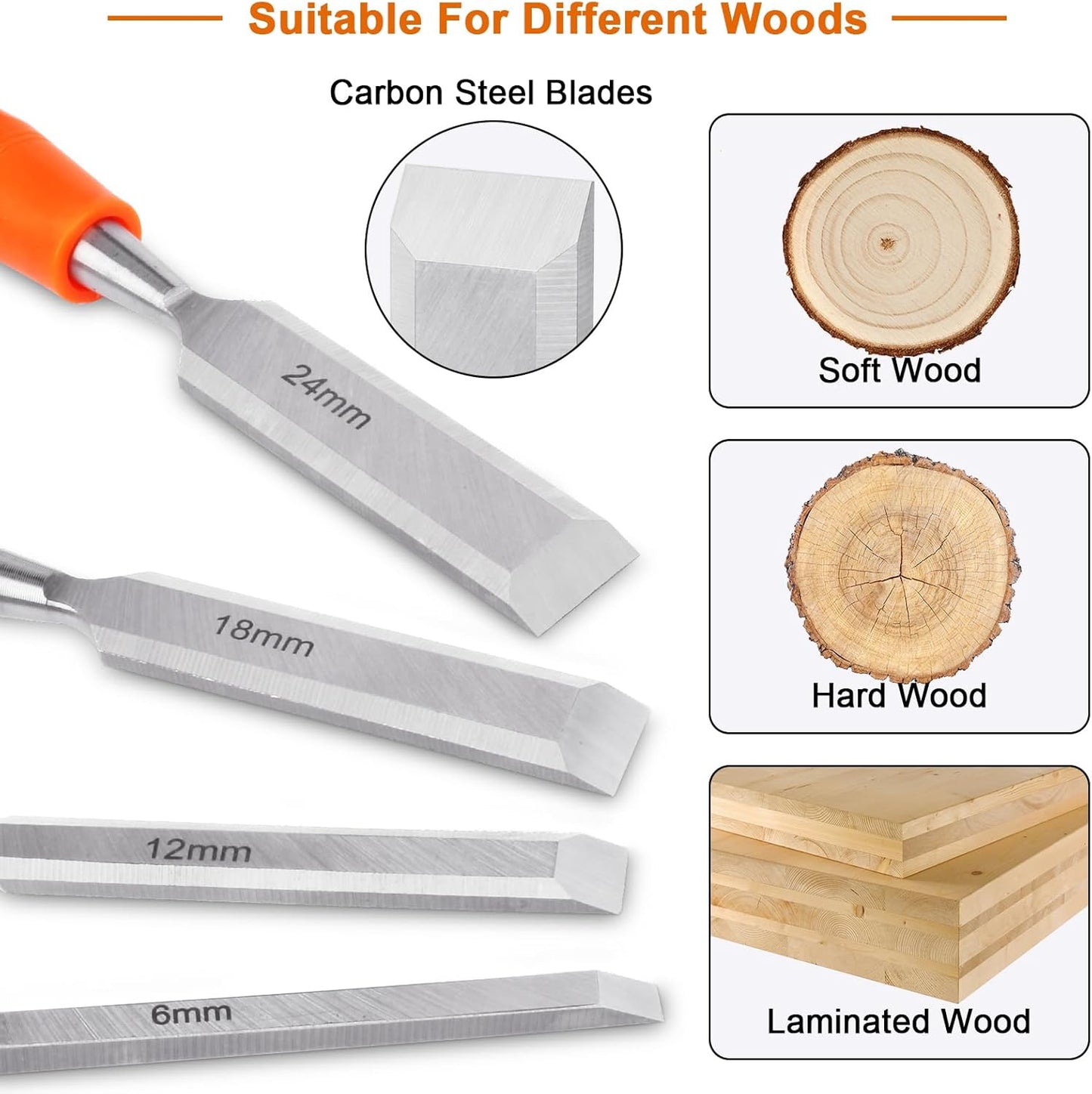 4 Piece Wood Chisel Sets Woodworking Tools Set, Wood Chisels for Woodworking with Steel Hammer End, Wood Tools Chisel Set Woodworking with Ergonomic Plastic Handle, 6mm, 12mm, 18mm, 24mm