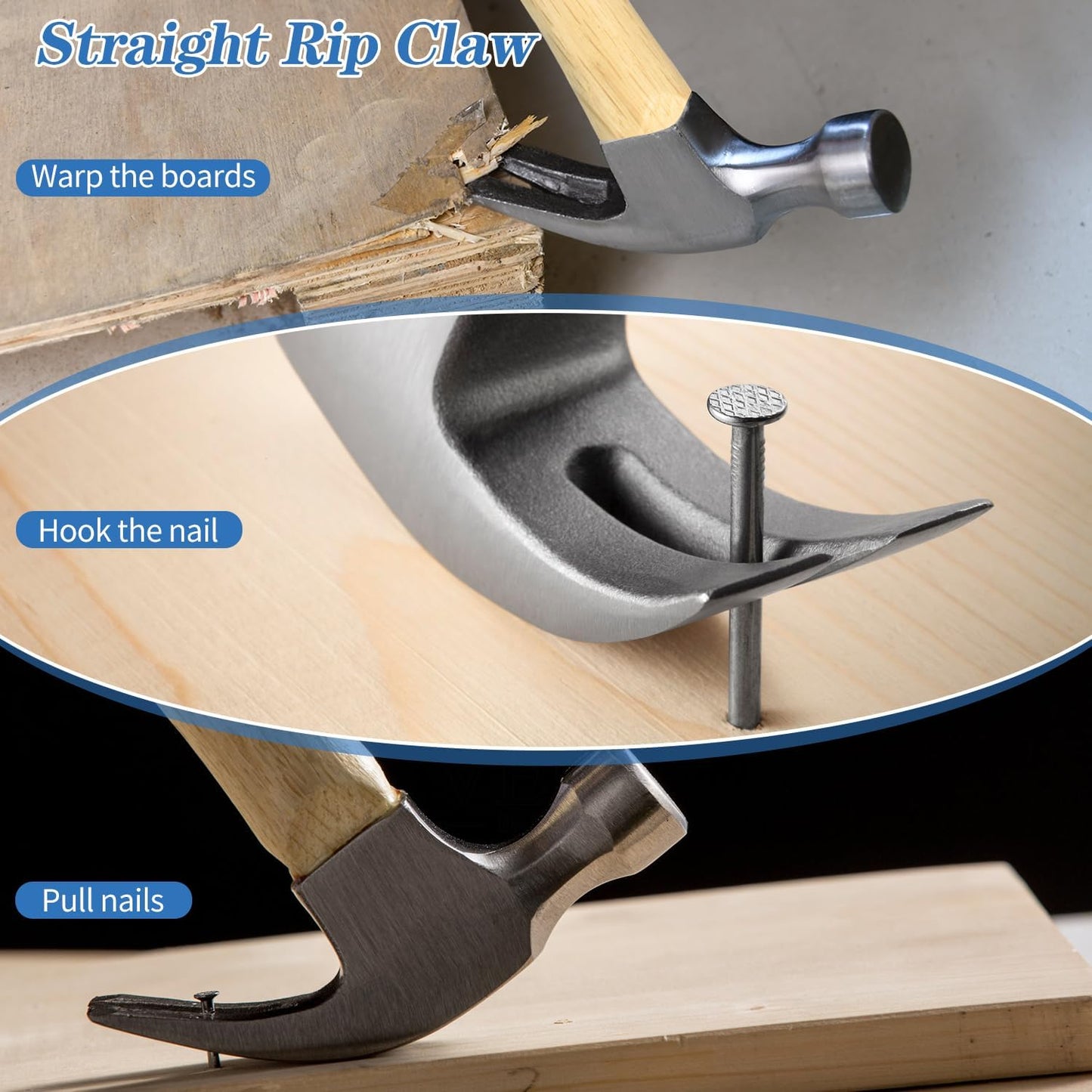 16oz Claw Hammer, General Purpose Claw Hammer with Wooden Handle & Forged Steel Head