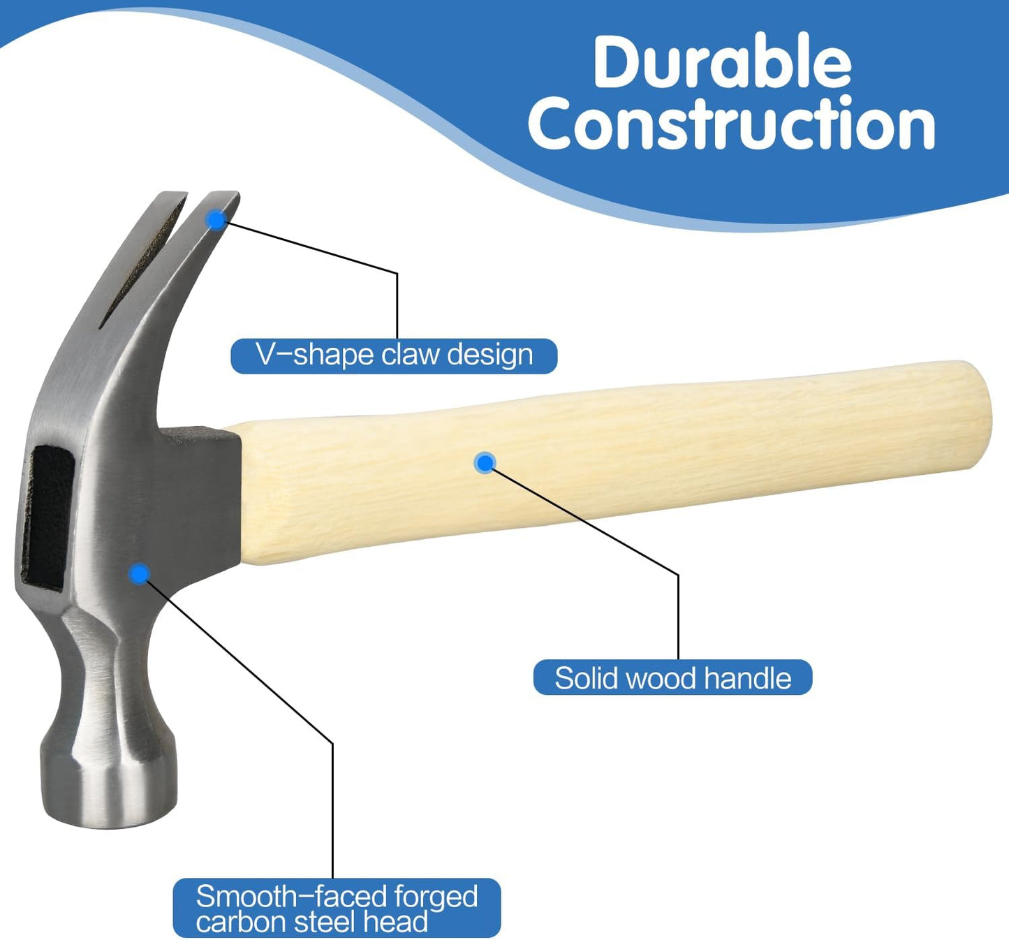 16oz Claw Hammer, General Purpose Claw Hammer with Wooden Handle & Forged Steel Head