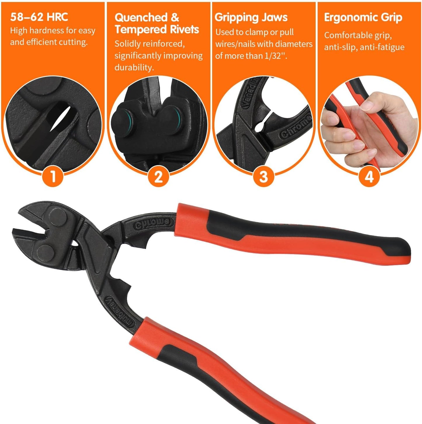 8-inch Mini Bolt Cutter, Heavy Duty Wire Cutters with Ergonomic Handle, High Hardness and High Leverage, CR-V Steel Blade for Wire, Cables, Chains, Small Screws, Nails
