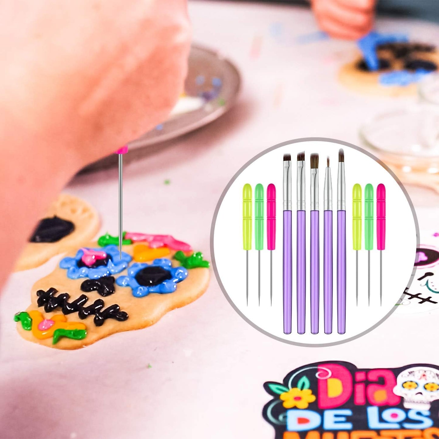 15 Pcs Decorating Brushes Tool Set, Include Cookie Pastry Brush Cookie Scriber Needles Sugar Stir Needles Elbow and Straight Tweezers for Biscuit Cake Fondant Decor Supplies(Purple)