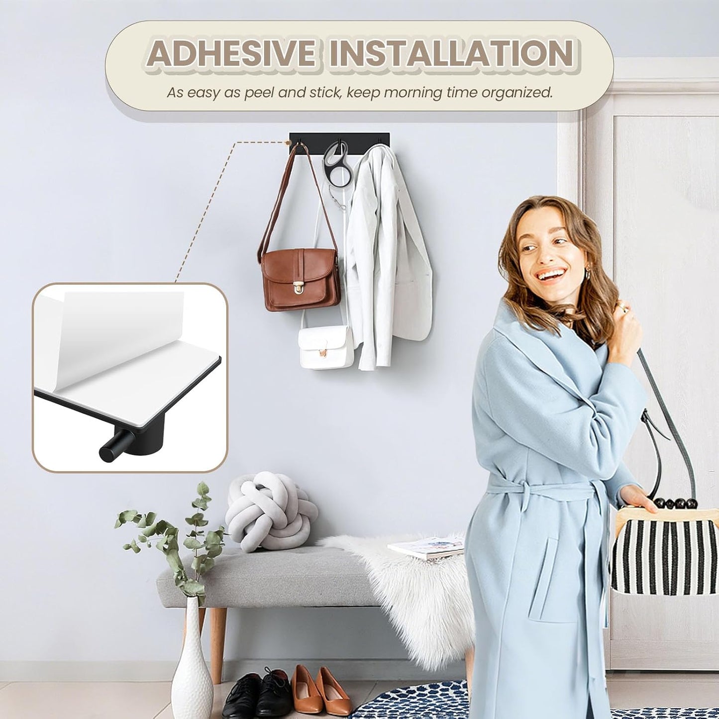 Magnetic Key Holder Wall Mount, Metal Adhesive Key Hanger with 3 Hooks, No Drilling, 2 Mount Options, Black, Small