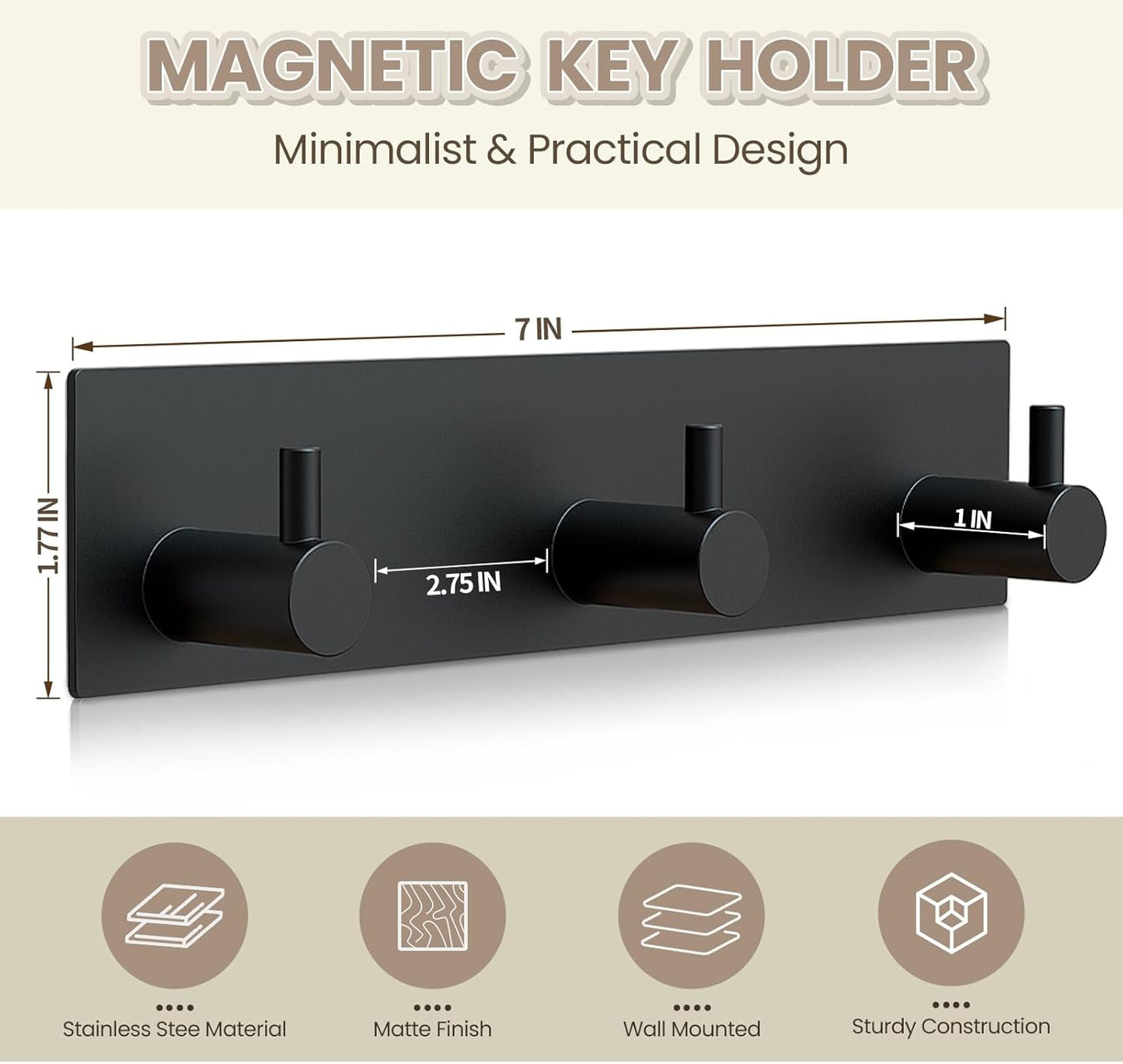 Magnetic Key Holder Wall Mount, Metal Adhesive Key Hanger with 3 Hooks, No Drilling, 2 Mount Options, Black, Small