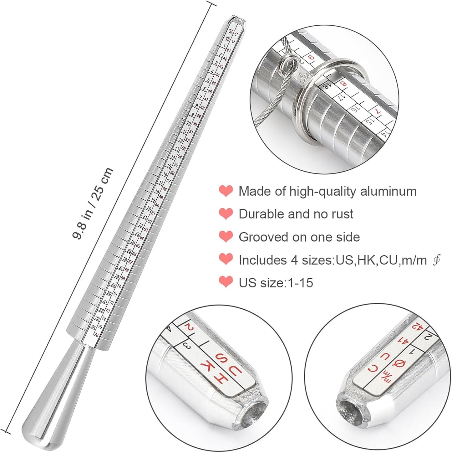 Ring Sizer Tool Including Ring Mandrel & Ring Sizer Guage, 4 Sizes Ring