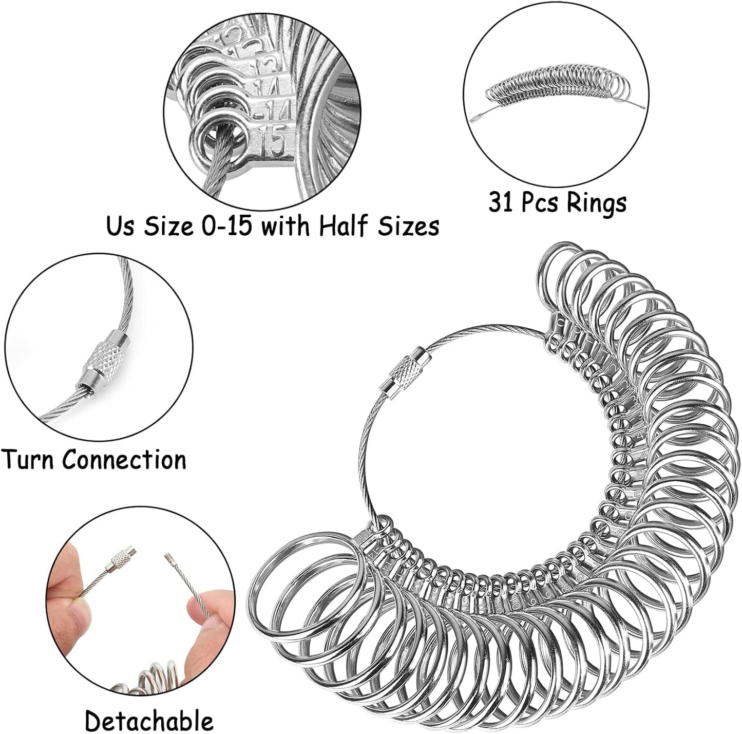 Ring Sizer Tool Including Ring Mandrel & Ring Sizer Guage, 4 Sizes Ring