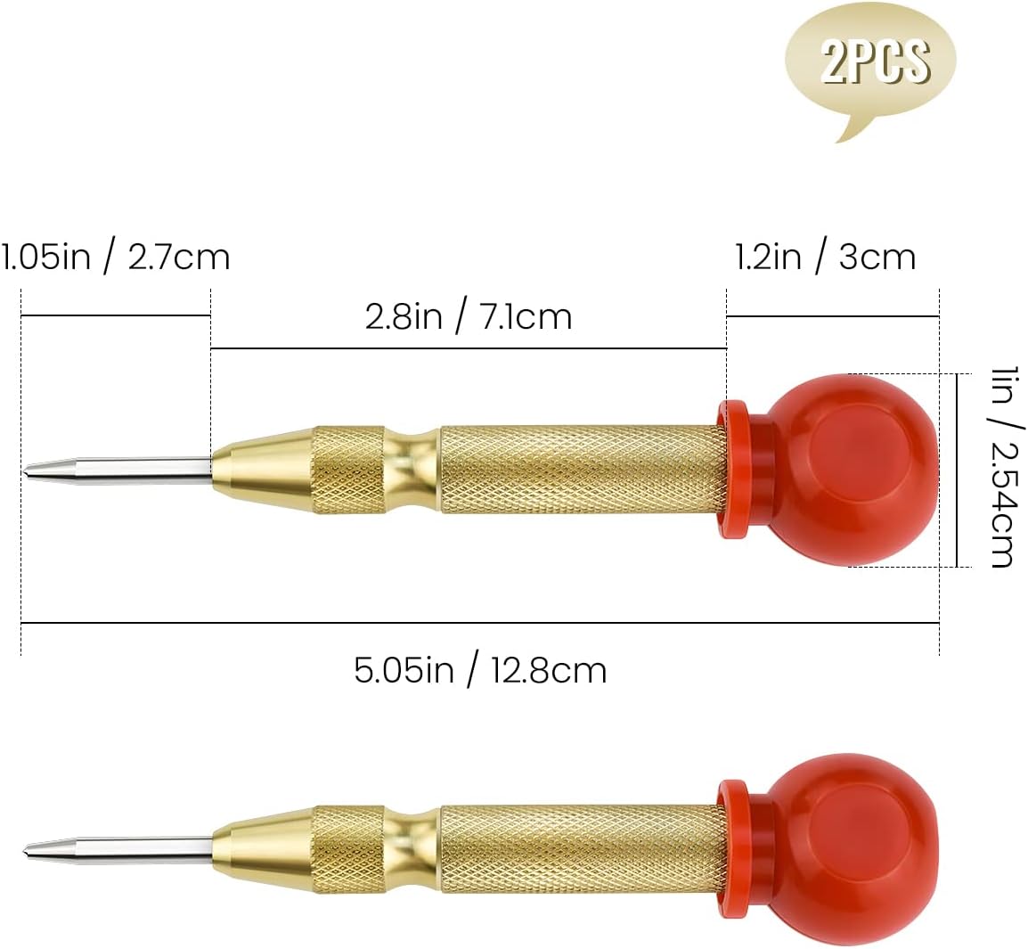 2 Pack Automatic Center Punch, 5 Inch Crushing Hand Tool Spring Punch with Cushion Cap, Metal Impact Center Hole Punch for Metal Wood Glass Plastic(Gold)