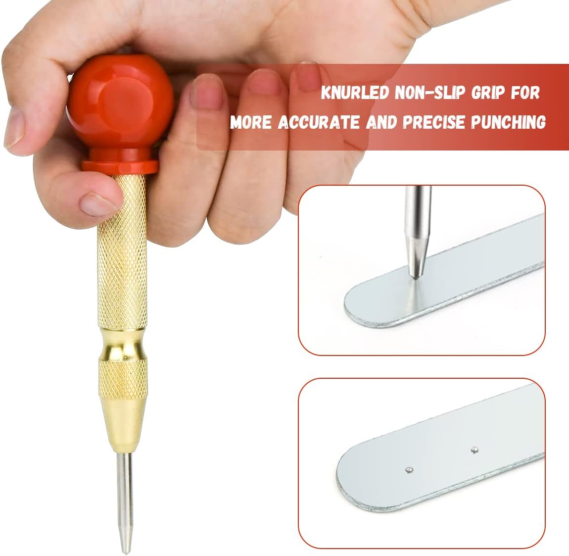 2 Pack Automatic Center Punch, 5 Inch Crushing Hand Tool Spring Punch with Cushion Cap, Metal Impact Center Hole Punch for Metal Wood Glass Plastic(Gold)