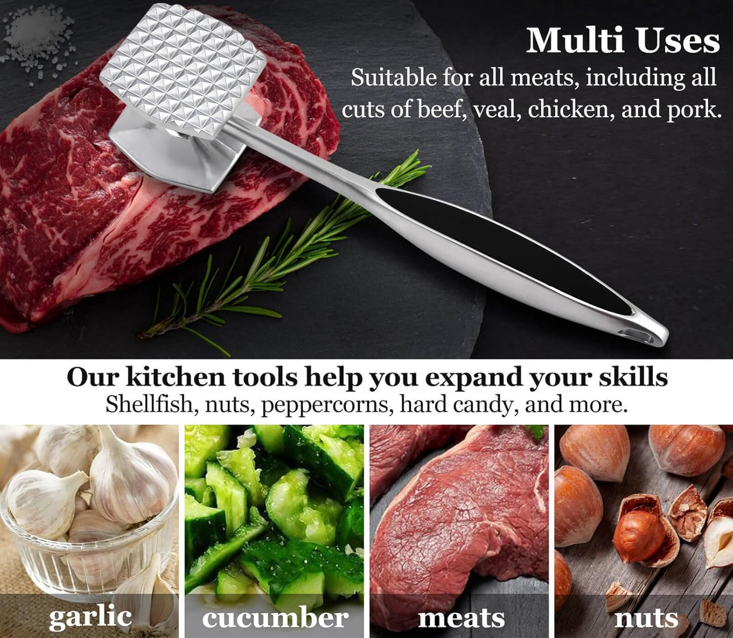 Meat Tenderizer Hammer Tool Pounder For Tenderizing Steak Beef Poultry, Heavy Duty Dual-Sided Mallet with Soft Grip Handle - Multifunctional Kitchen Beater for Chicken,Fish, Baking