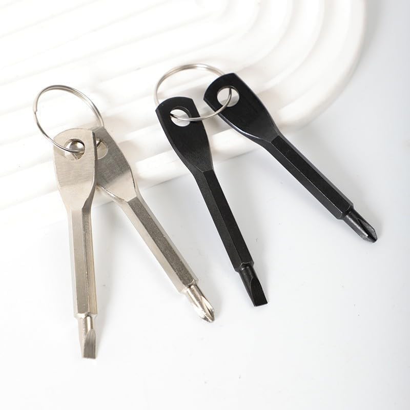 2-in-1 Keychain Screwdriver - Mini Double-Ended Flat & Cross Head - Stainless Steel - Pocket-Sized Tool - Silver