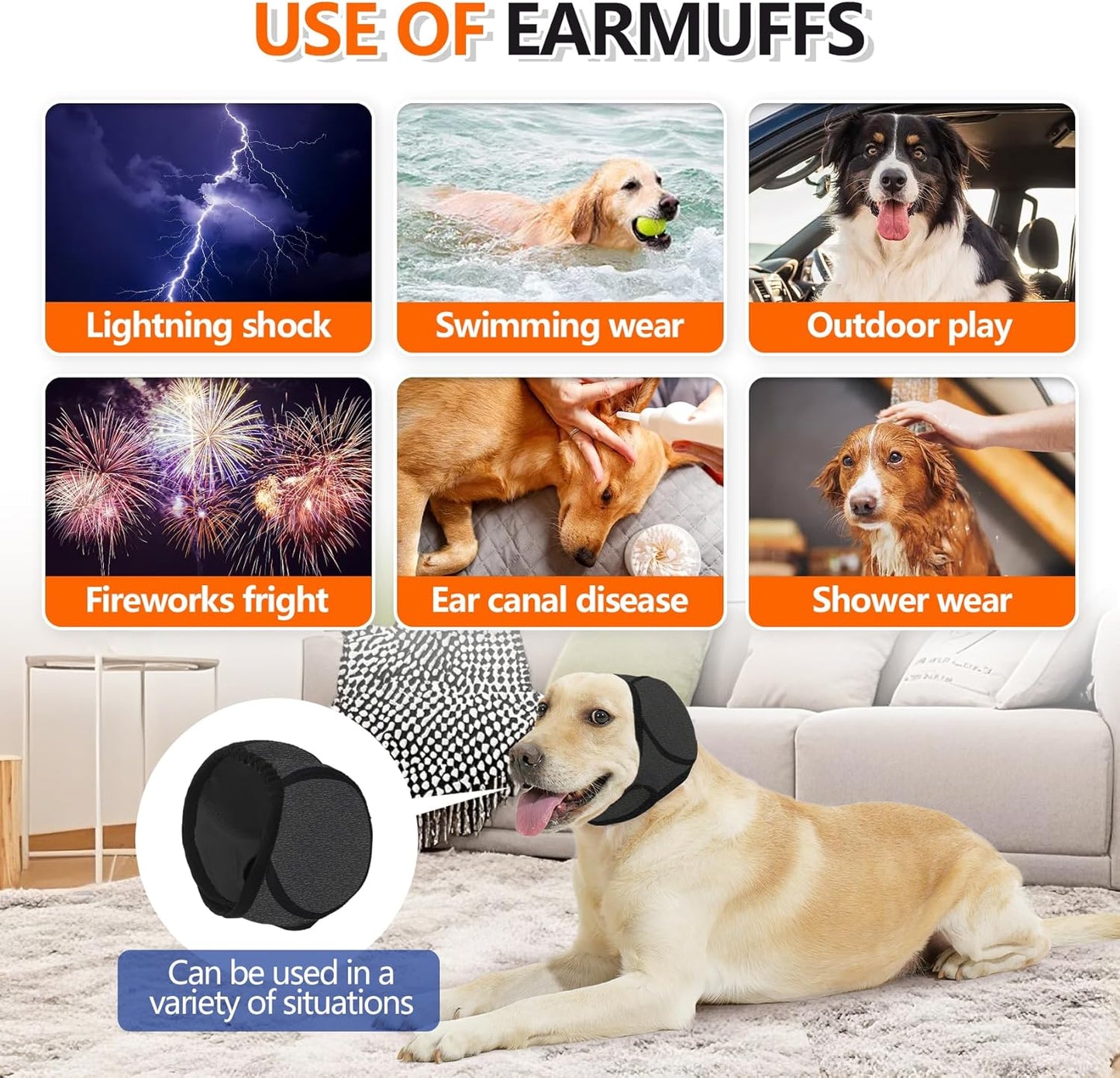 Dog Ear Covers Grey L-Shaped Soundproof No Cap Elastic Waterproof for Hematomas Bathing Drying Swimming Grooming Head Coverage