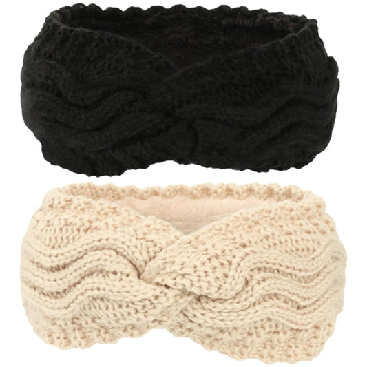 Winter Knitted Ear Warmers Headband - Beige and Black - Warm - One Size
