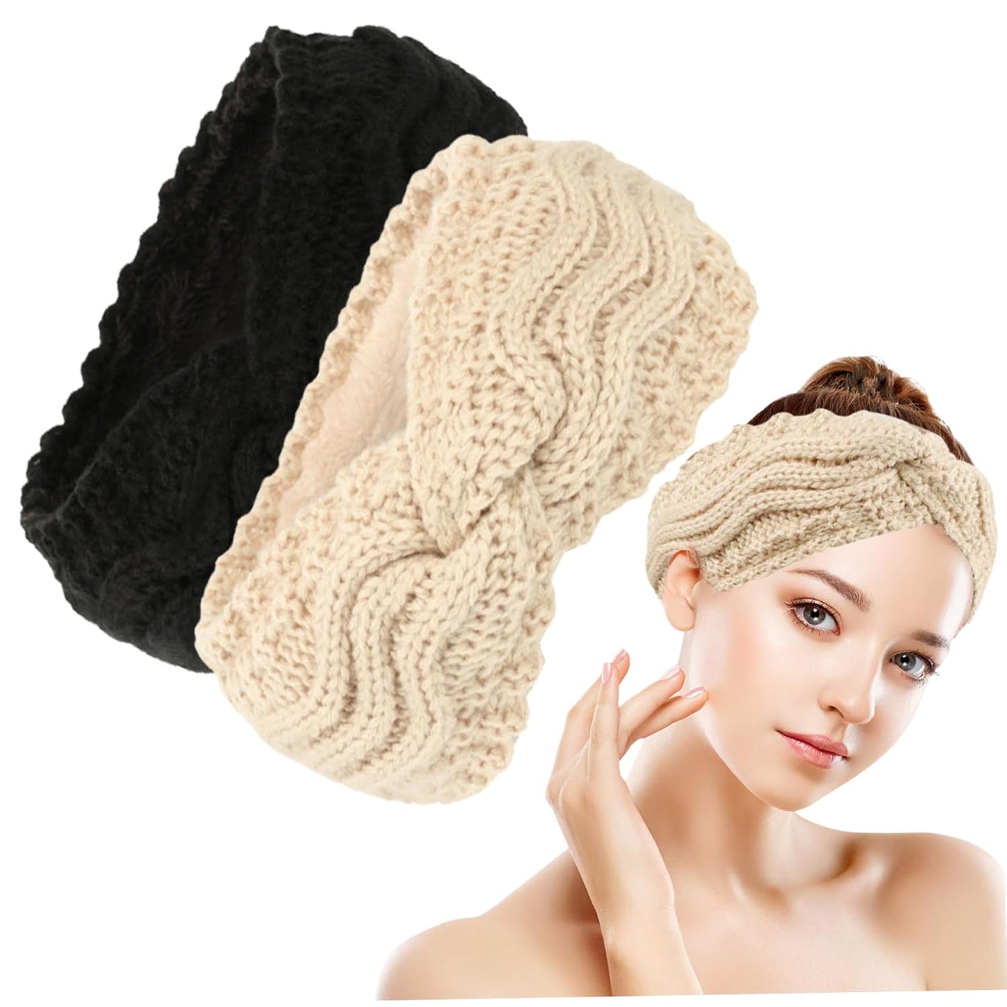 Winter Knitted Ear Warmers Headband - Beige and Black - Warm - One Size - 2 Pack