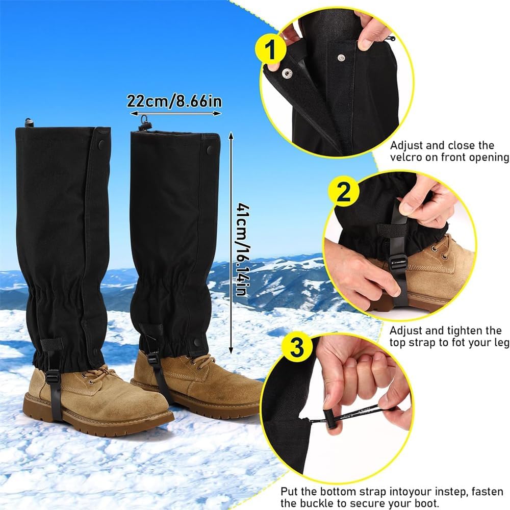 Waterproof Gaiters for Outdoor & Hiking - Protect Legs from Snow Mud & Branches - 600D Ripstop Fabric Adjustable Pair