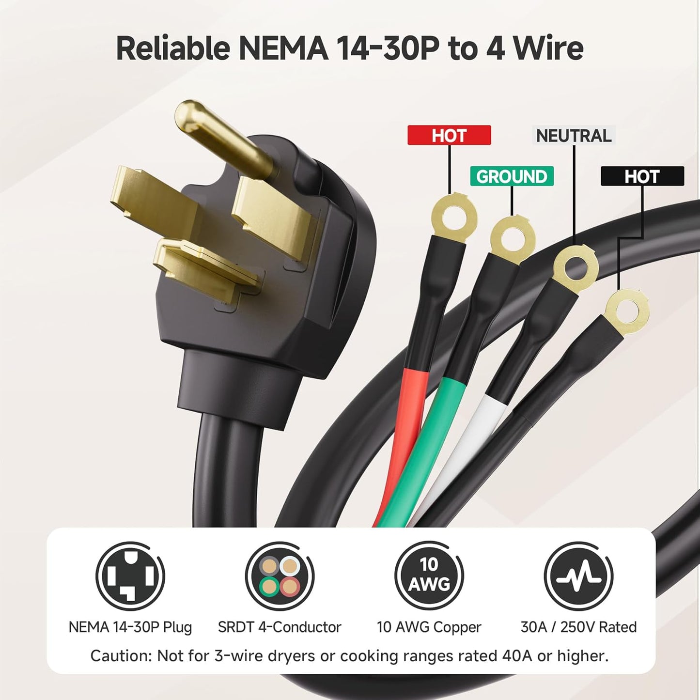 4 Prong Dryer Cord - 10ft, Supports 30A/250V/7500W, 10AWG, NEMA 14-30P