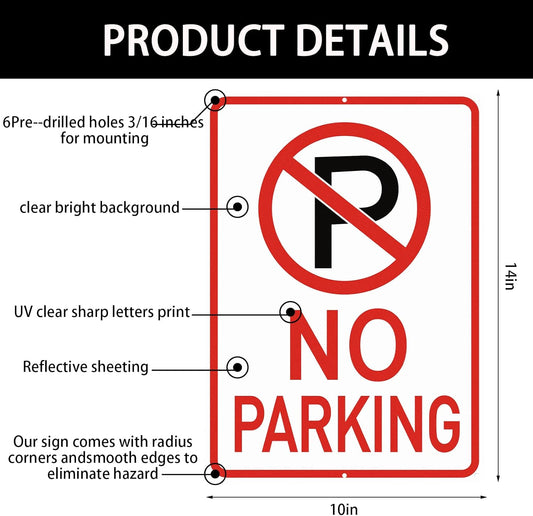 Amylove 6 Pcs No Parking Signs with Symbol, 14 x 10 Inches Reflective Rust Free Aluminum Sign, UV Protected, Weather Resistant, Waterproof, Durable Ink, Easy to Mount