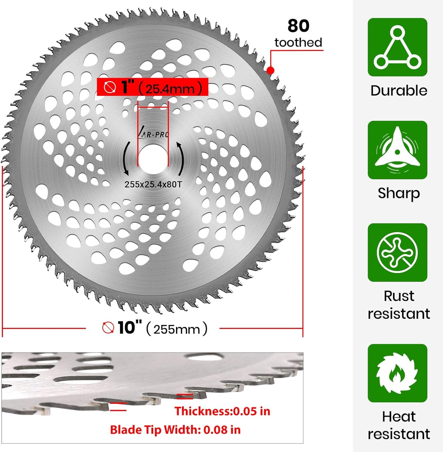 (2-Set) 10" x 80T Carbide Tip Brush Blades – for Cutter, Trimmer, Weed Eater | Made from Premium Stainless Steel That Lasts Long | Cuts Like Butter