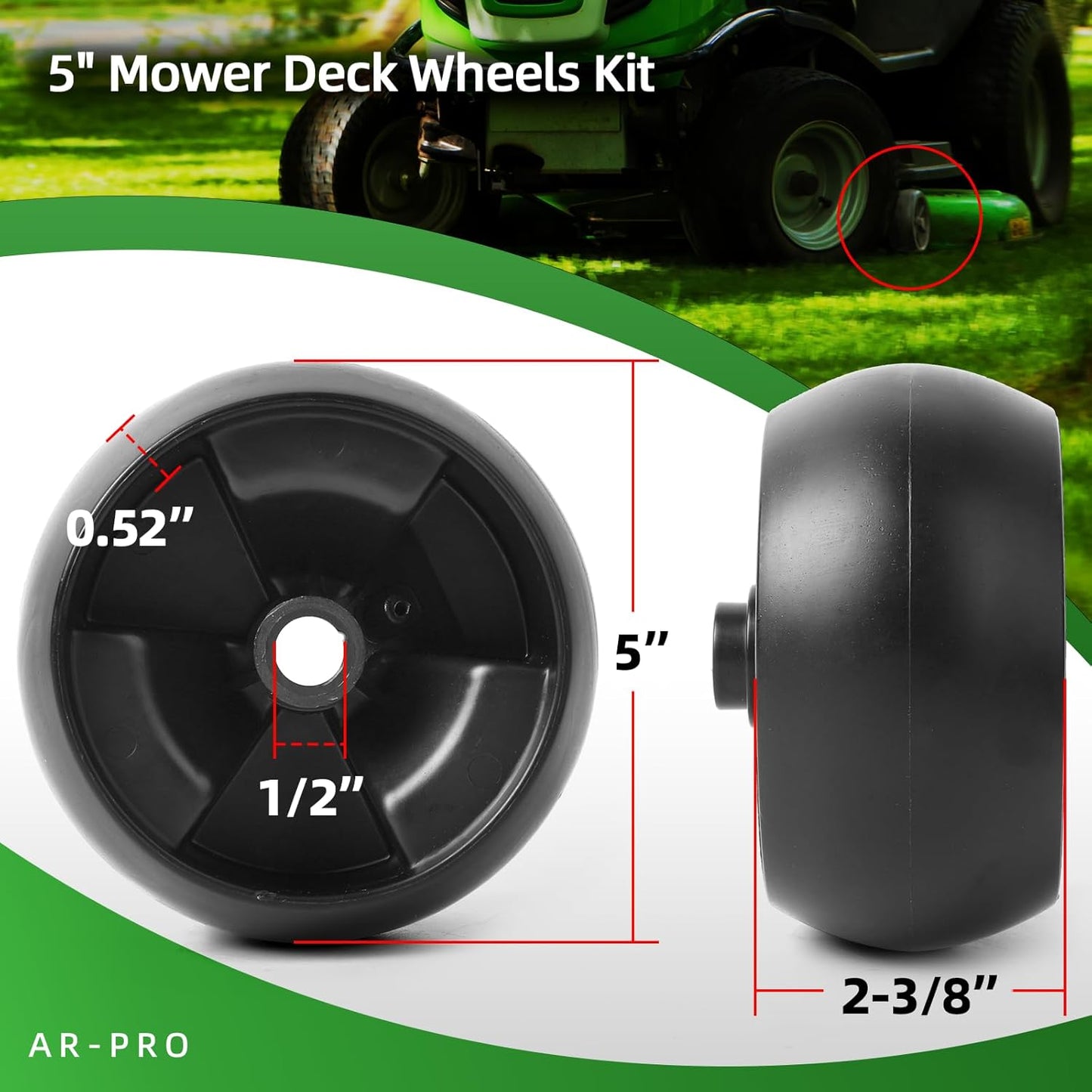 (6 Pack) Replacement 5" Mower Deck Wheels Kit, Compatible with MTD Cub Cadet 734-04155 Toro 112-0677 72-025 210-275 Craftsman 42" 46" 48" 50" 54" Deck Gauge Wheel, with Bolts and Lock Nuts