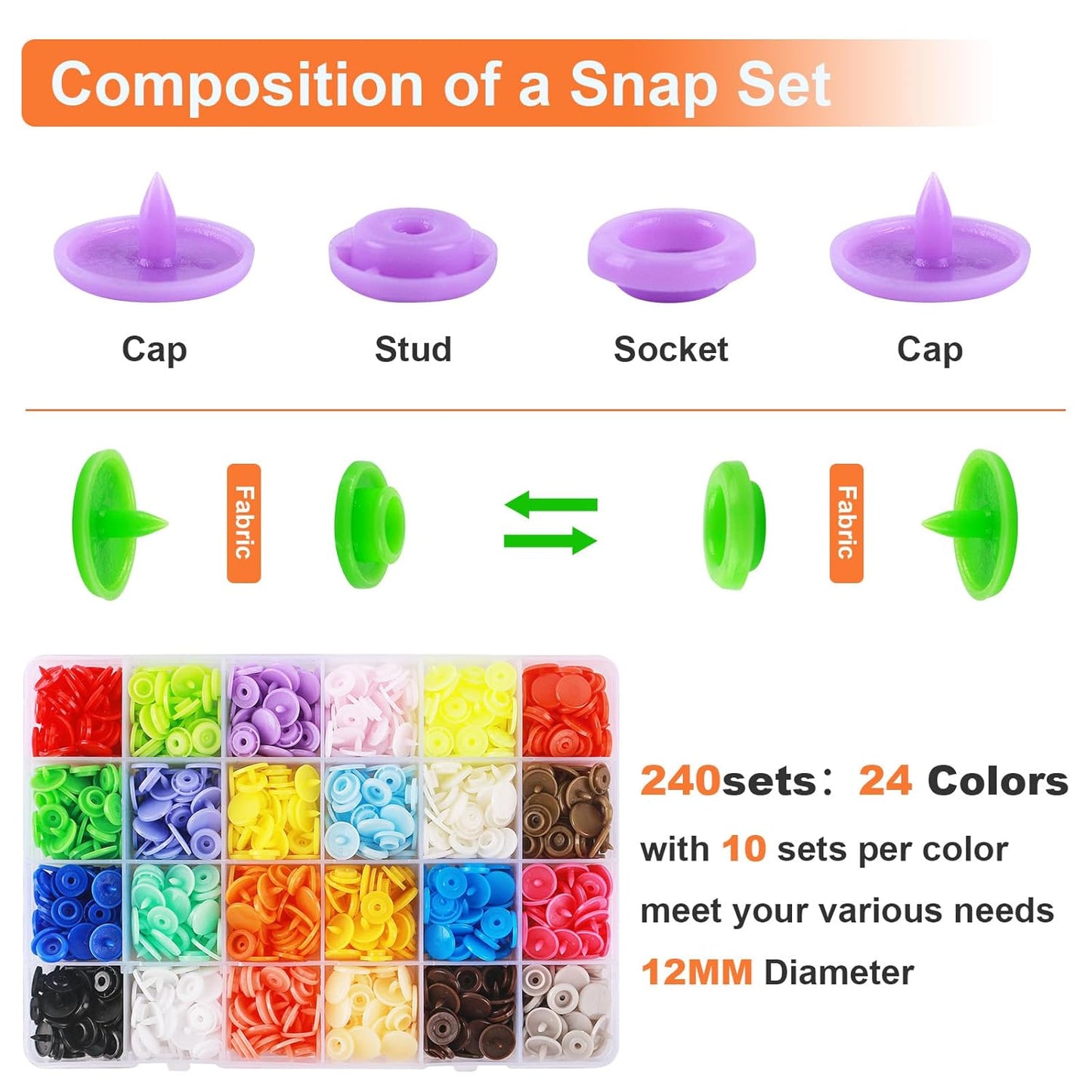 Single Hole Punch 1/4” Paper Hole Puncher for Crafts, One Hole Puncher + Snap Button Kit with Snaps Pliers, 240 Sets Plastic Snaps for Fabric