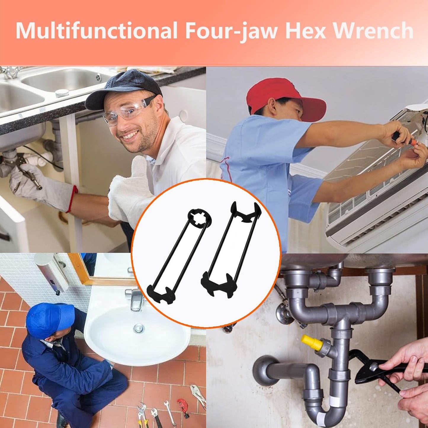 2 Pcs Four-jaw Hex Wrench, Basin Wrench Set,Tight Spaces Maintenance Installation Removal Faucet Tools, for Kitchen Bathroom Screws & Threads, Incompatible for Moen, , MasterFlow, Non-generic