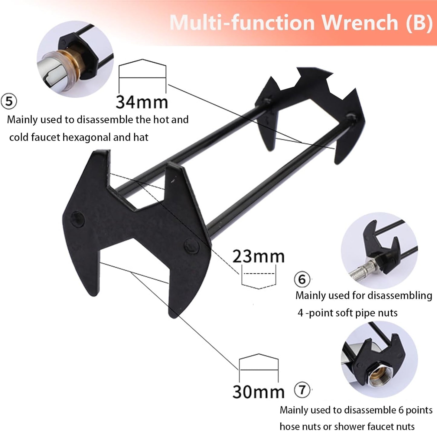 2 Pcs Four-jaw Hex Wrench, Basin Wrench Set,Tight Spaces Maintenance Installation Removal Faucet Tools, for Kitchen Bathroom Screws & Threads, Incompatible for Moen, , MasterFlow, Non-generic