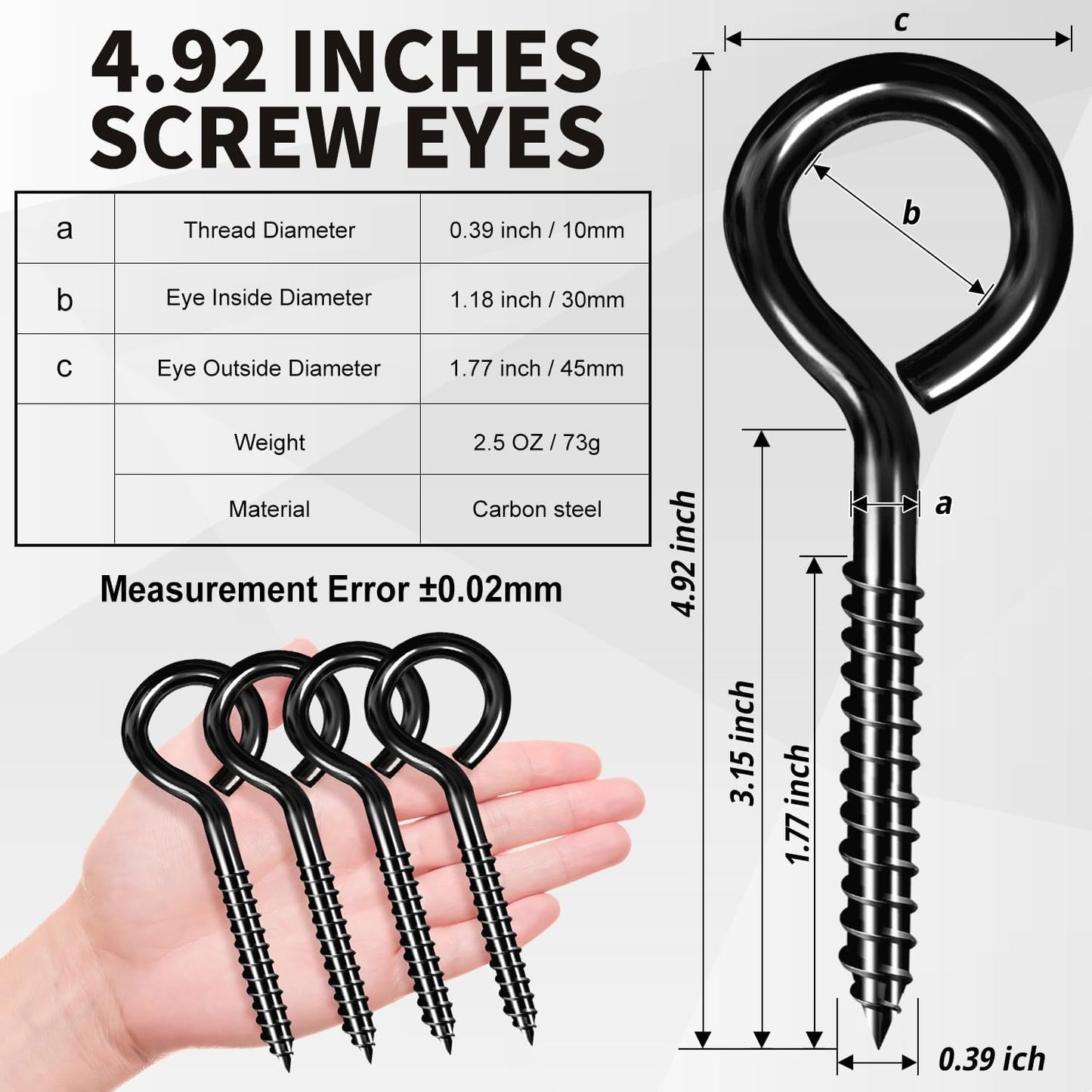 5 Inch Eye Hooks, Large Eye Bolts Screw in Hooks Carbon Steel, 4 Pcs Heavy Duty Black Large Screw Eye Hooks for Wood Securing Cables Wire, Heavy-Duty Applications