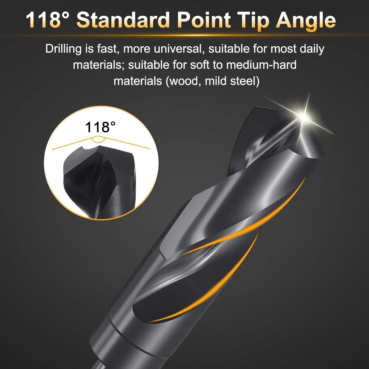 3/4" Drill Bit 3/8" Reduced Shank 3-Flat 4241 High Speed Steel Nitriding Black 118° for Soft Materials Wood Plastic Iron Copper Aluminum