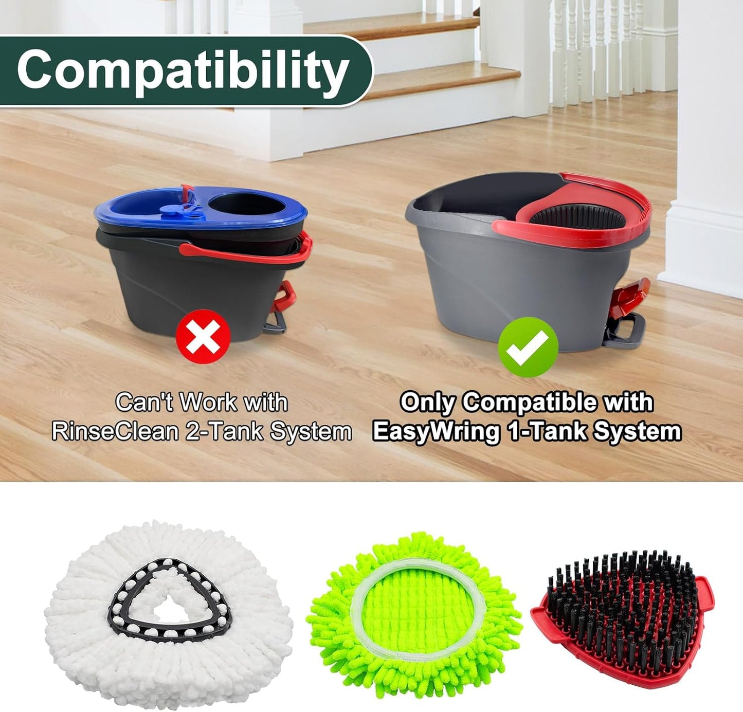 Mop Head Replacement for O Cedar, Spin Mop Replacement Head for Ocedar Easywring 1 Tank System, Mop Heads Includeds 4 Mop Replacement Heads, 1 Spin Scrub Brush & 1 Base