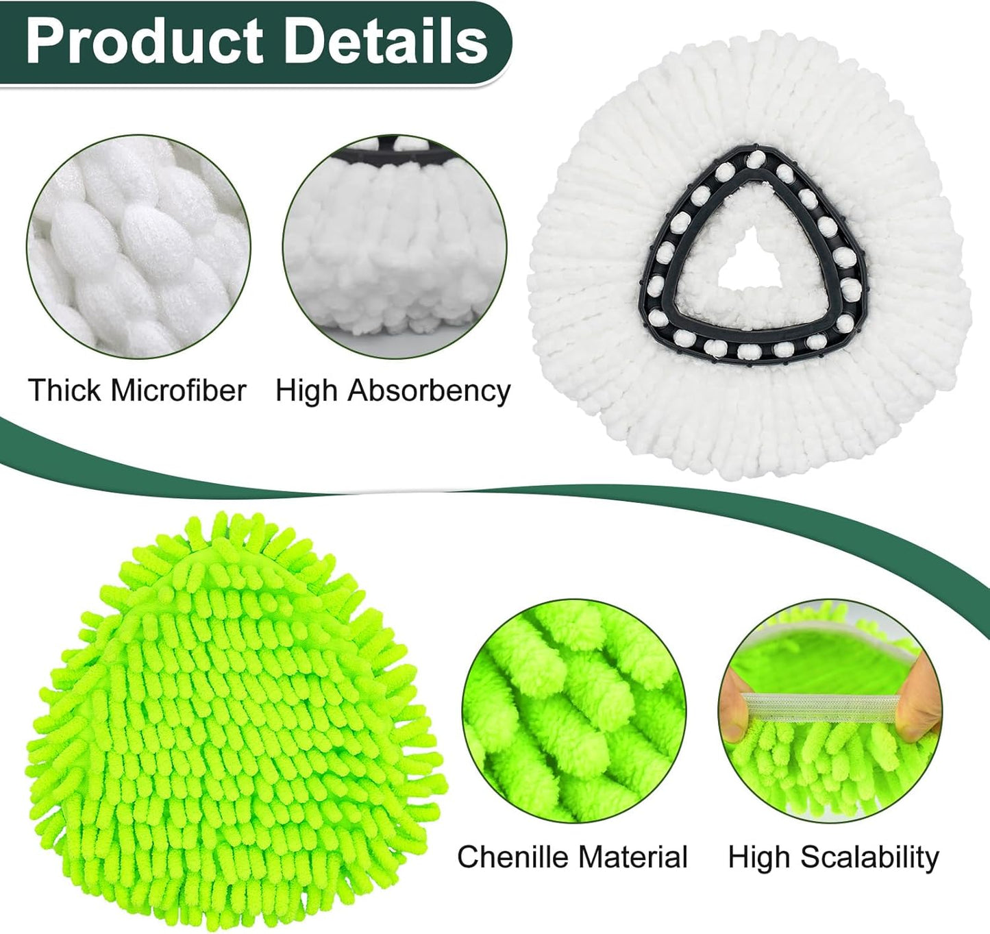 Mop Head Replacement for O Cedar, Spin Mop Replacement Head for Ocedar Easywring 1 Tank System, Mop Heads Includeds 4 Mop Replacement Heads, 1 Spin Scrub Brush & 1 Base