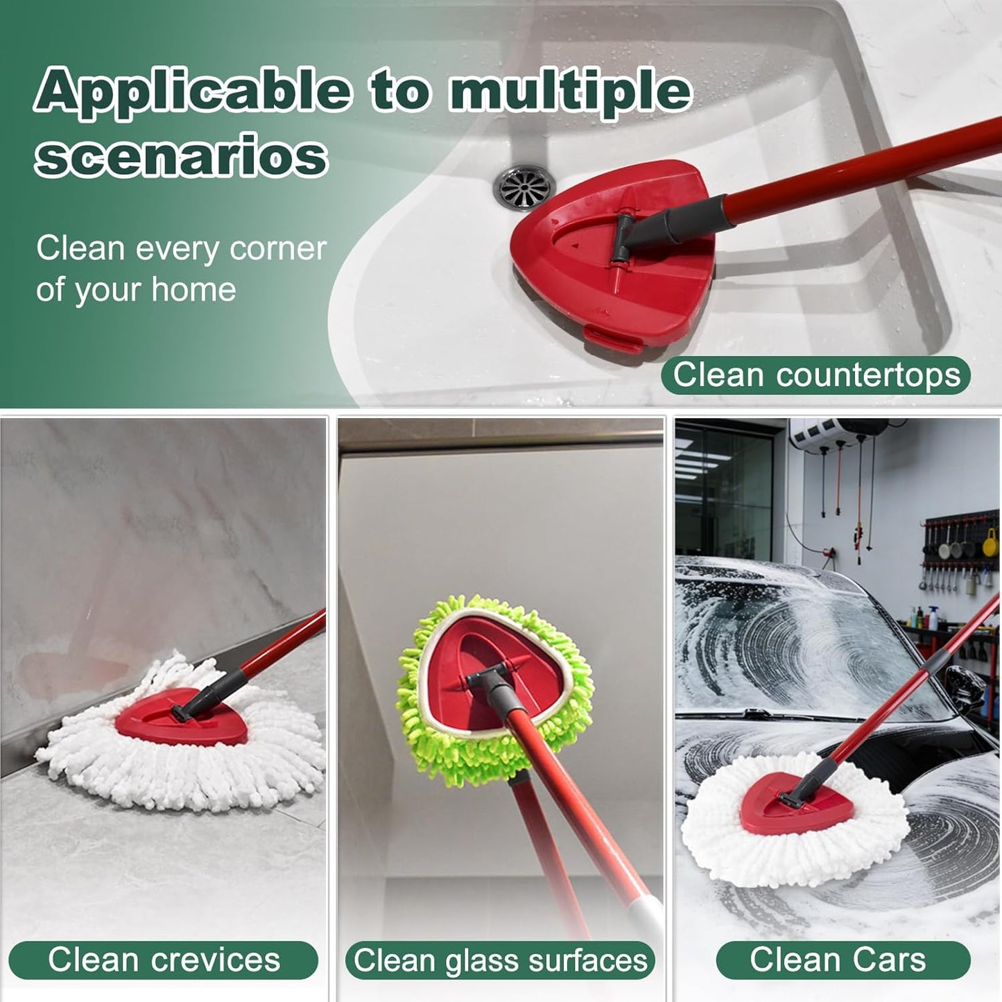 Mop Head Replacement for O Cedar, Spin Mop Replacement Head for Ocedar Easywring 1 Tank System, Mop Heads Includeds 4 Mop Replacement Heads, 1 Spin Scrub Brush & 1 Base