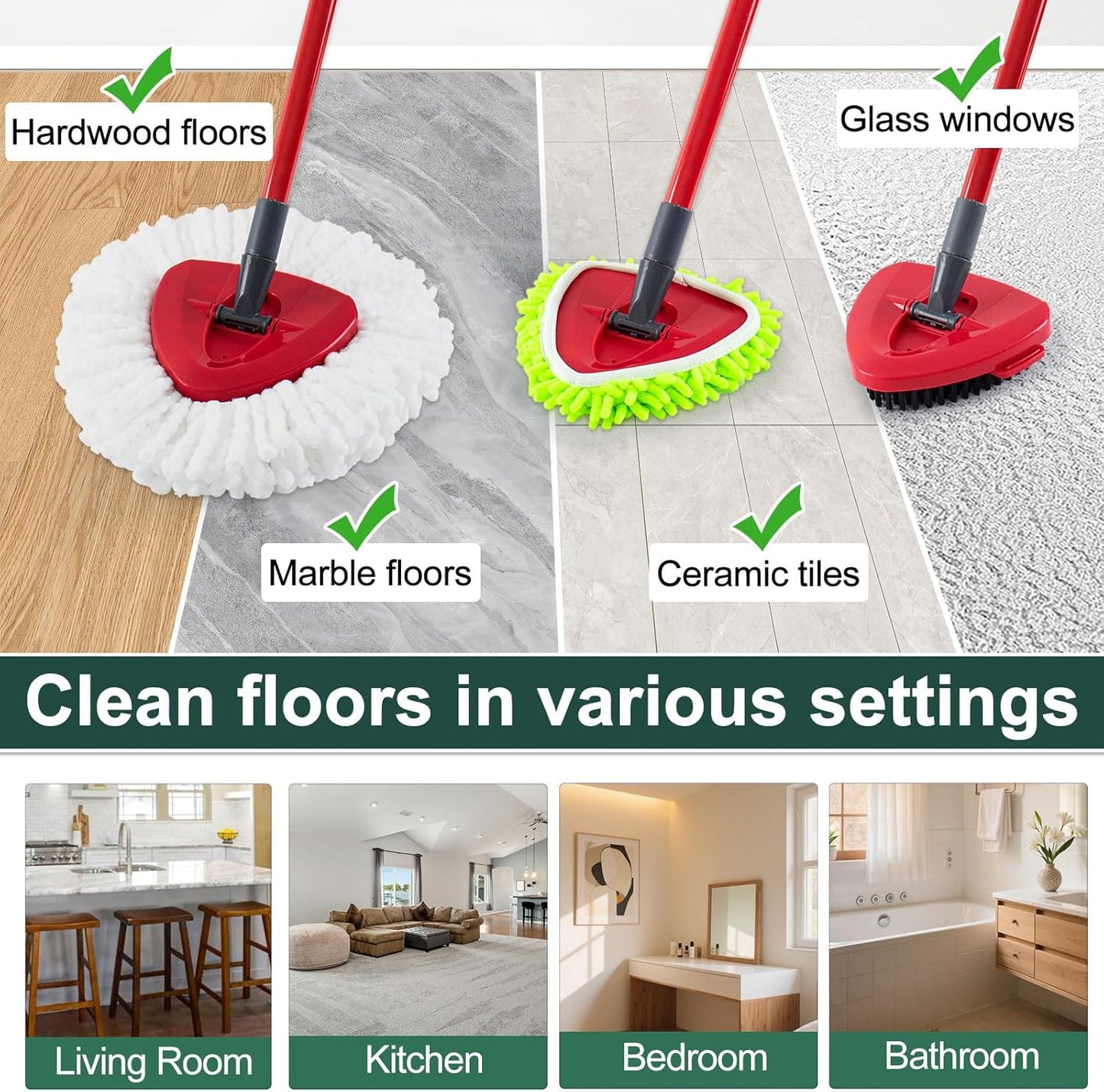 Mop Head Replacement for O Cedar, Spin Mop Replacement Head for Ocedar Easywring 1 Tank System, Mop Heads Includeds 4 Mop Replacement Heads, 1 Spin Scrub Brush & 1 Base