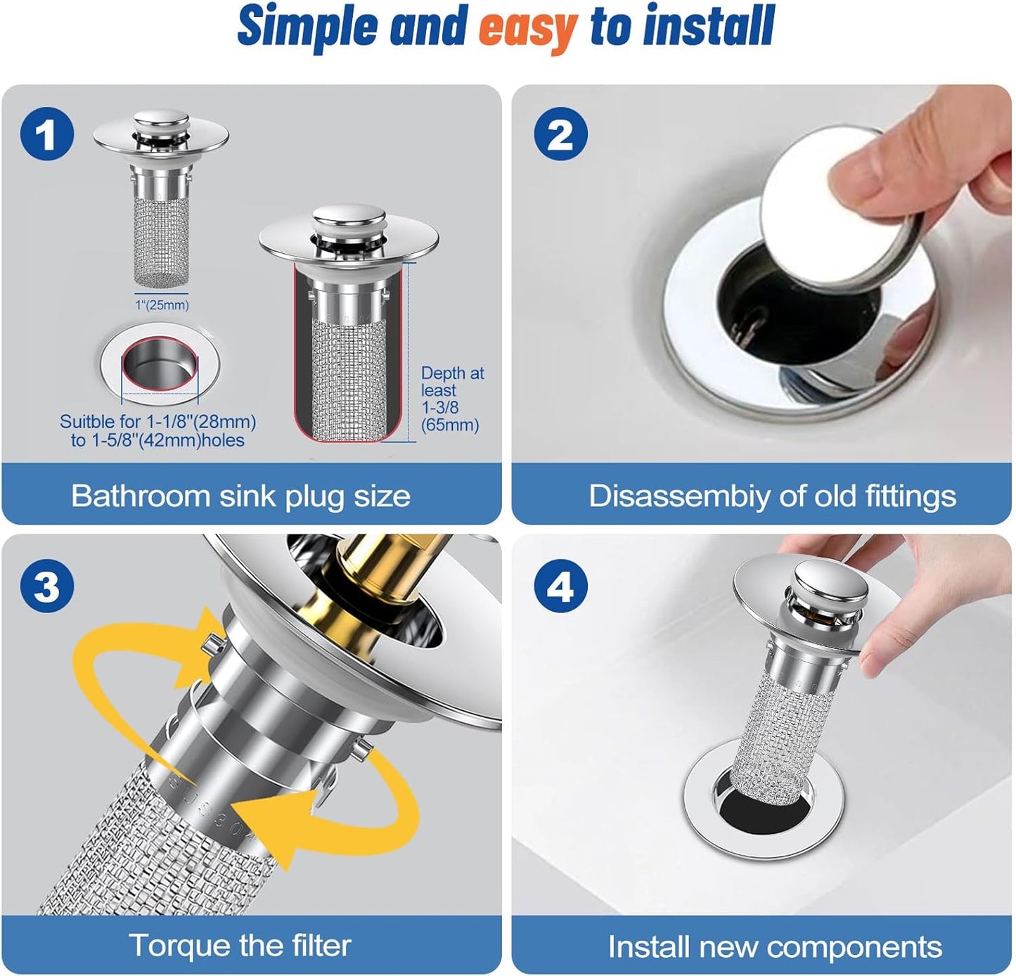 2024 New Pop Up Bathroom Sink Drain Strainer Hair Catcher, Sink Drain Stopper with Removable Stainless Steel Filter Basket,for US Bathroom Sink Stopper Replacement (2PCS)