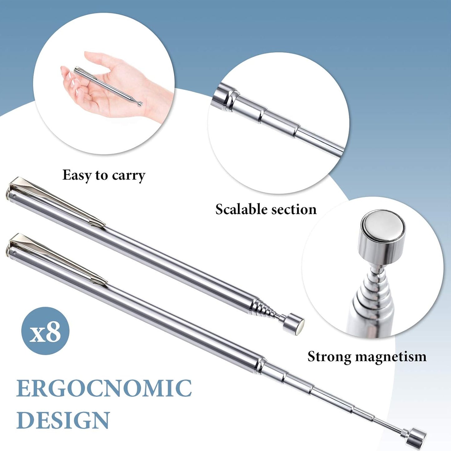 4 Pieces Telescoping Magnetic Pick up Tool Grabbers Reacher Tools with Pocket Clip 25 Inch Telescopic Retrieving Magnet Gift for Man, Father, Mechanic, Handyman, Husband (Silver)