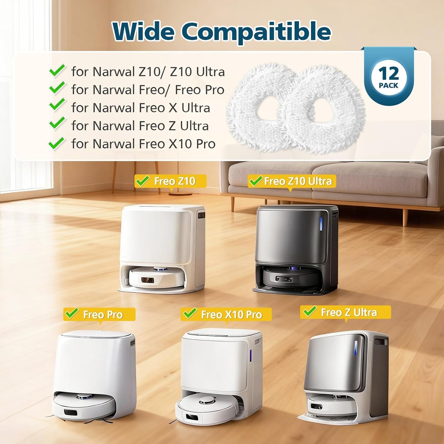 12-Pack Replacement Mop Pads for Narwal Freo, Freo Pro, Freo X Ultra, Z Ultra, Freo Z10 & X10 Pro Robot Vacuum & Mop, Washable Reusable Microfiber Robot Vacuum Mop Pads