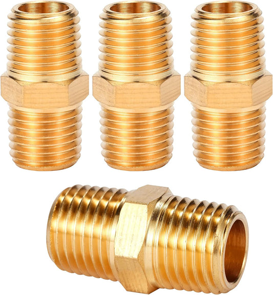 Solid Brass Pipe Fitting, Hex Nipple, 1/4" x 1/4" NPT Male Pipe Adapter