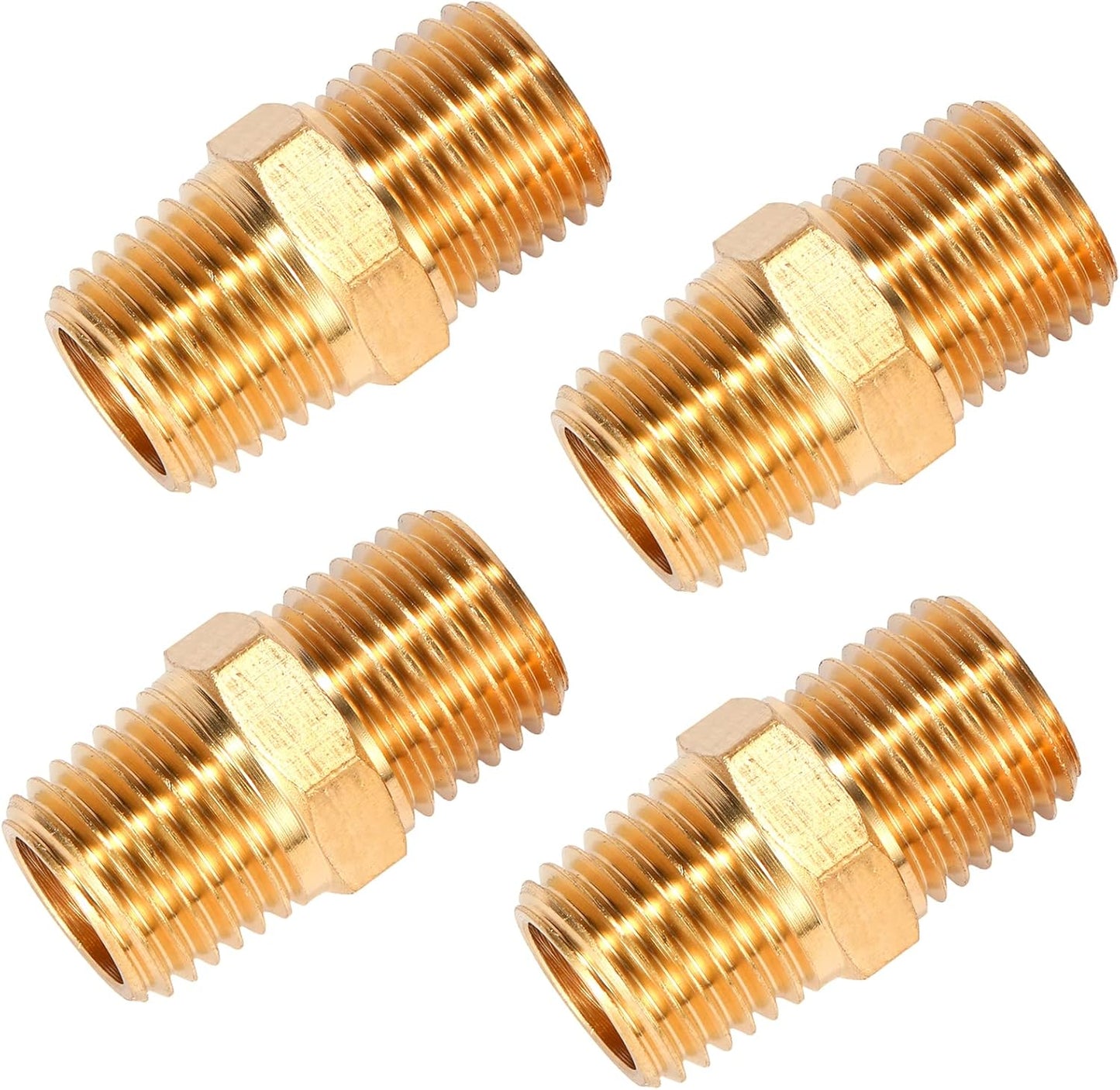 4 pcs Solid Brass Pipe Fitting, Hex Nipple, 1/4" x 1/4" NPT Male Pipe Adapter (O.D x O.D: 1/2'' x 1/2'')