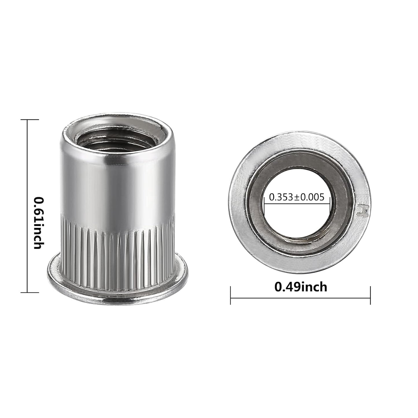 Rivet Nut 1/4"-20UNC 100Pcs Stainless Steel 304 Finish Flat Head Rivnut Threaded Insert Nut Knurled Body
