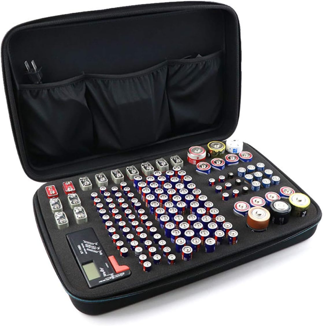 Black EVA Battery Organizer Case with Zipper - Holds 146 Batteries