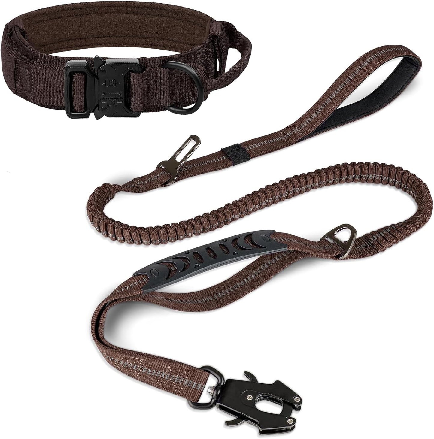Tactical Dog Collar(17"-21") and Leash Set, Shock Absorbing Bungee Adjustable