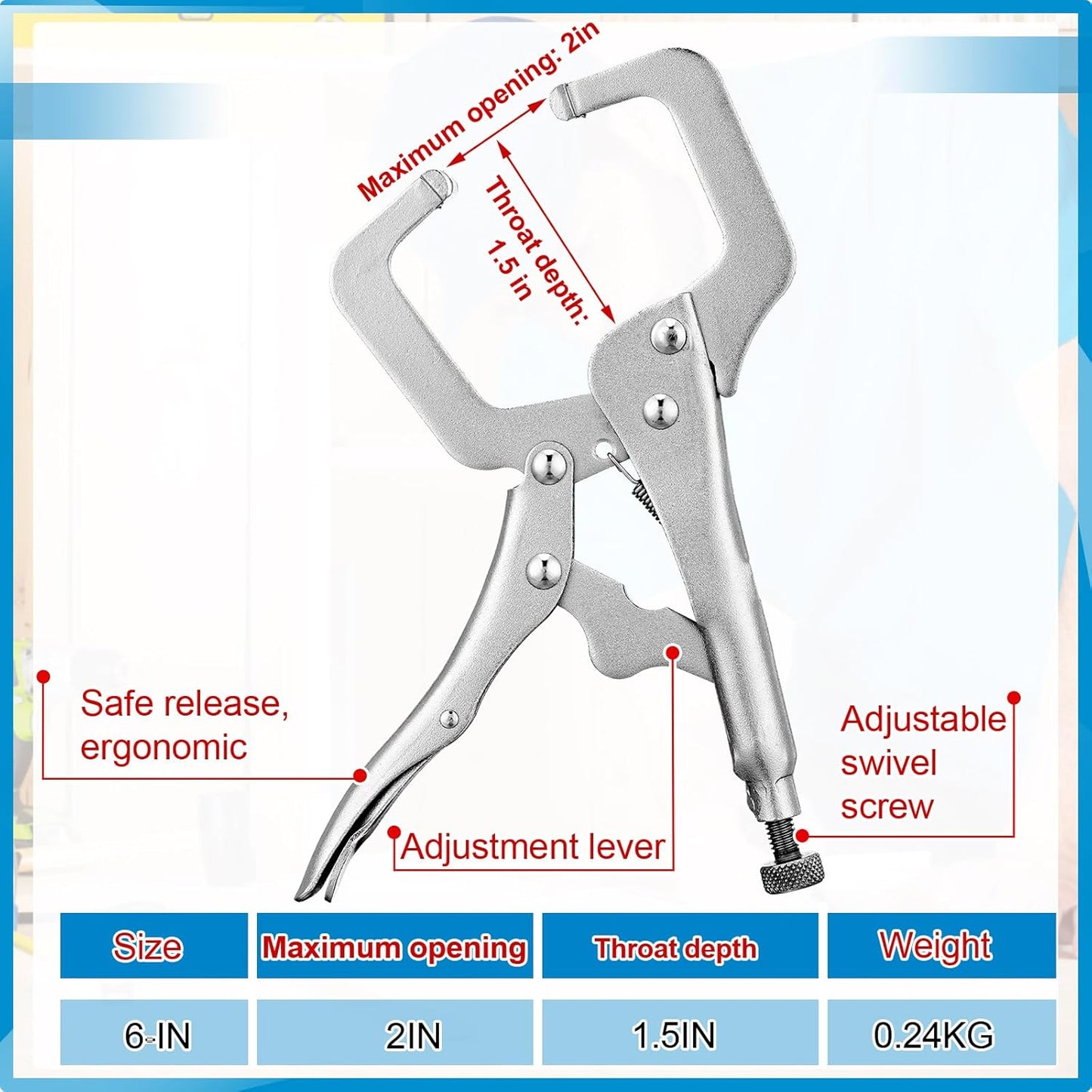 6 Pcs Inch Locking C Clamp Original Lock Regular Tips Plain adjustable Alloy Steel for Woodworking Carpentry Welding Electrical Equipment, Silver -